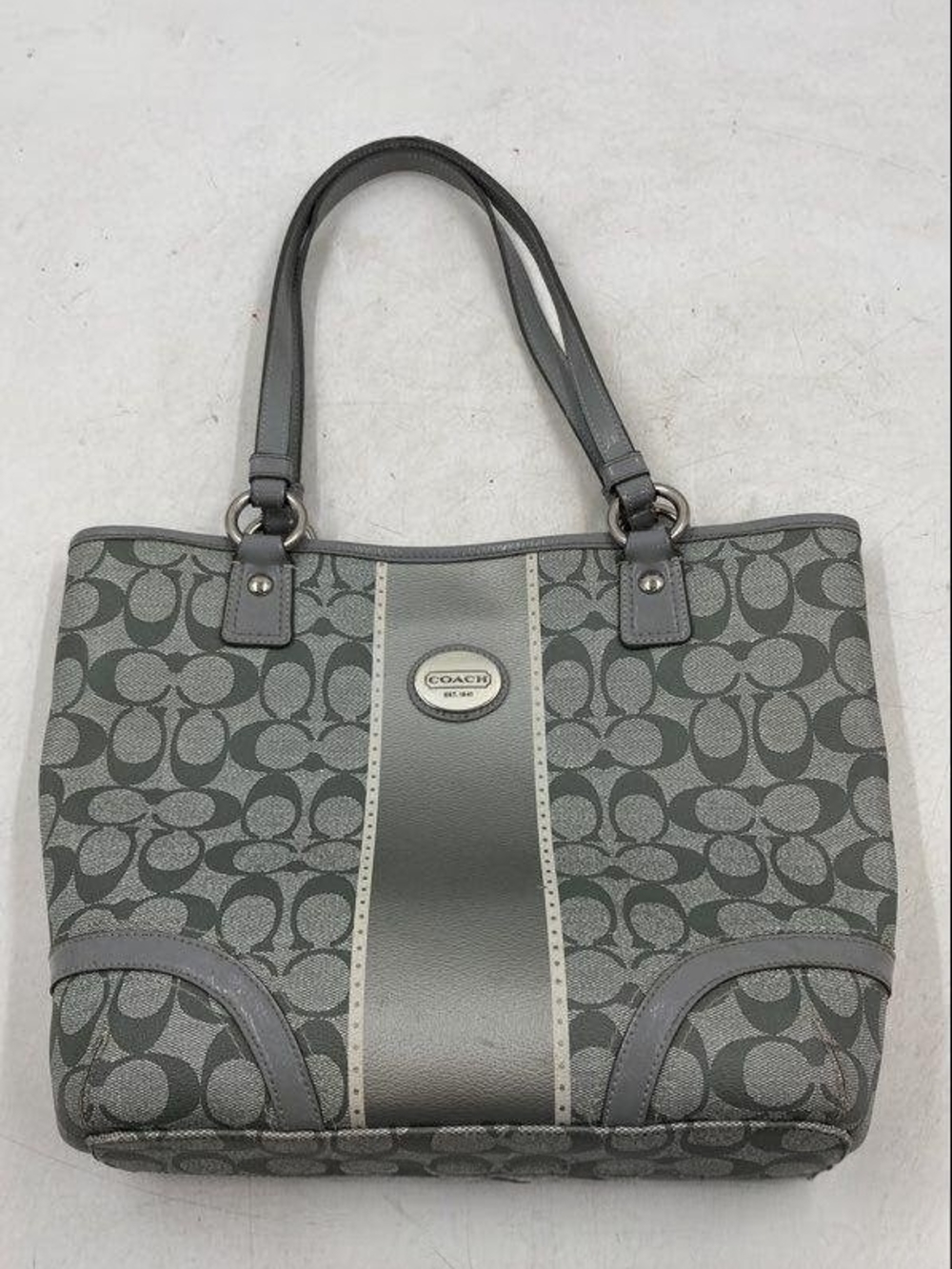 Coach Gray Signature Canvas Tote with Leather Trim